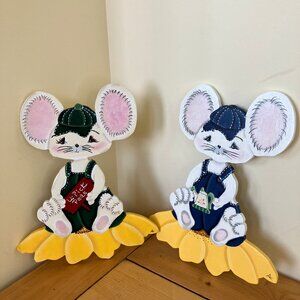 Overall Country Mice Hand Painted Wood Cut Out Decorations Garden 10" Set of 2